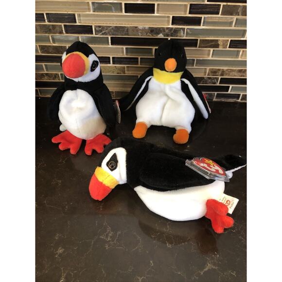 Lot Of 3 TY Beanie Baby PUFFER the Puffin & WADDLE the Penguin 5-6" Plush - Picture 2 of 7